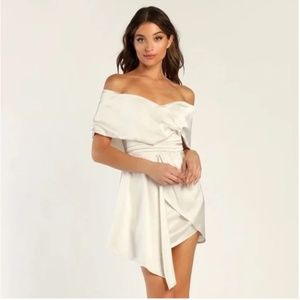 NWT Lulu's Always Celebrating Ivory Satin Off Shoulder Mini Dress M